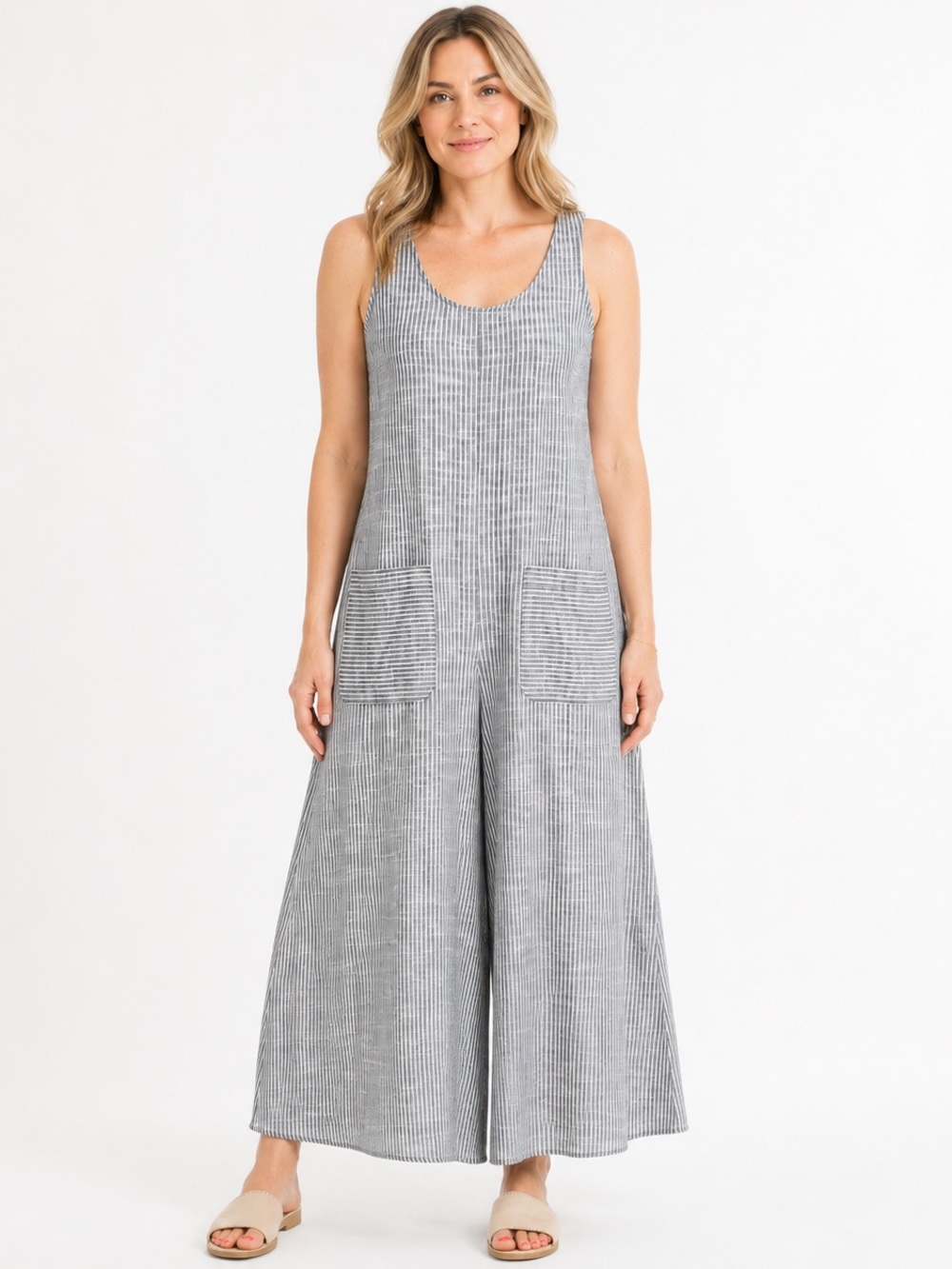 Max Studio Black White Striped Wide Leg Jumpsuit Size S Casual Relaxed Resort